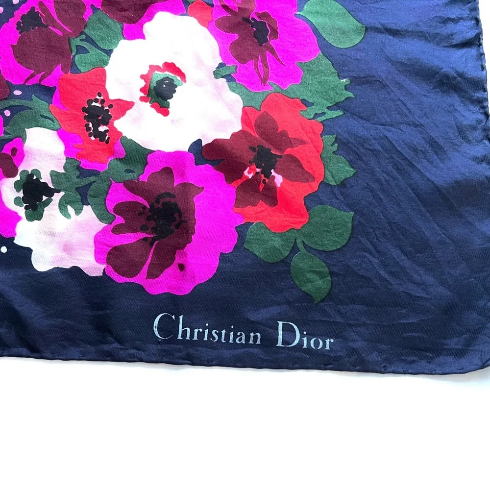 Christian Dior Floral Polka Dot Scarf - Navy and Pink